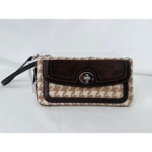 Coach Hamptons Houndstooth Wristlet Wallet Suede Leather Brown Cream FS5872